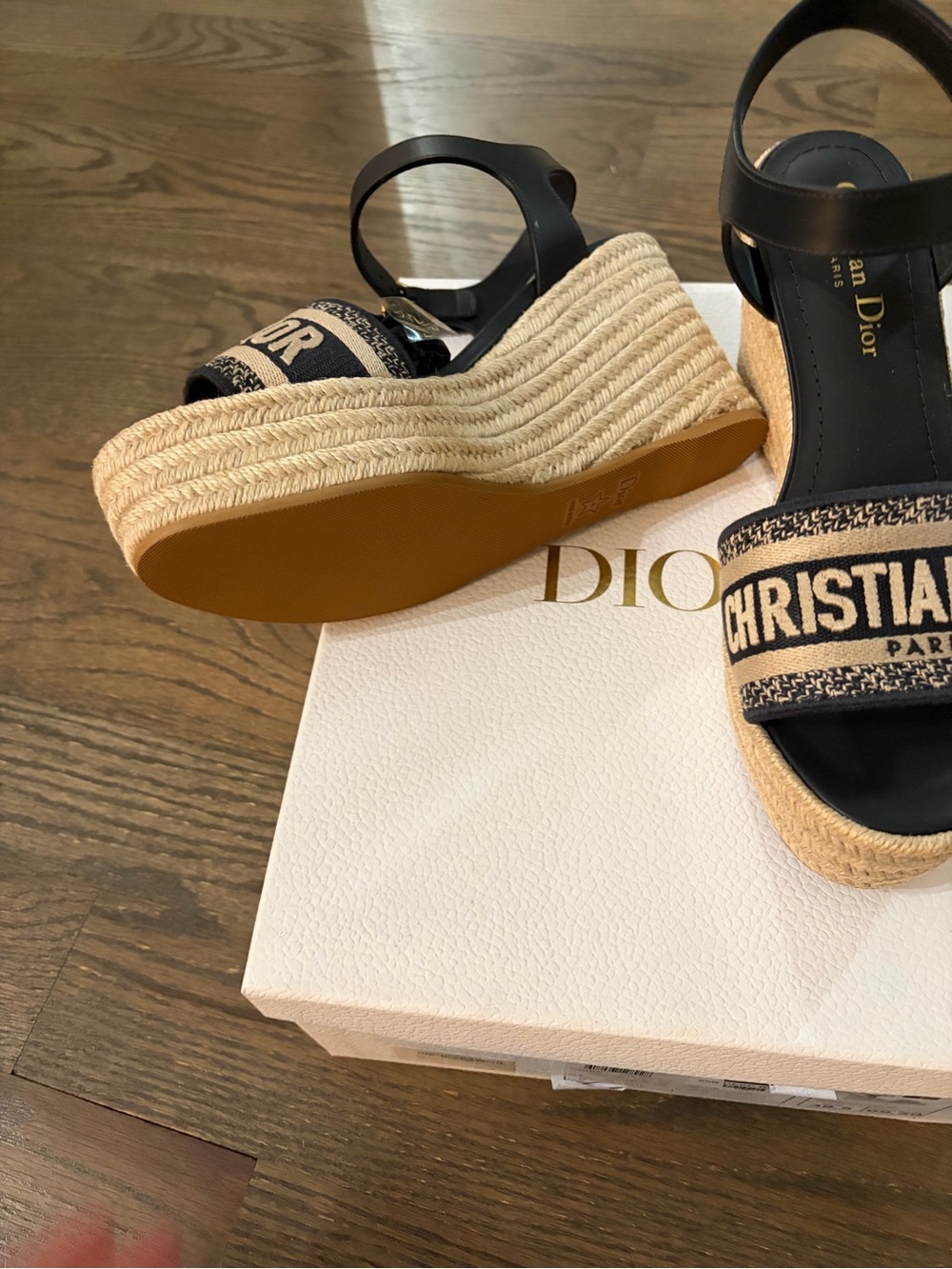 Dior Black Leather and Natural Jute Logo Espadrille Wedges - Picture 3 of 4